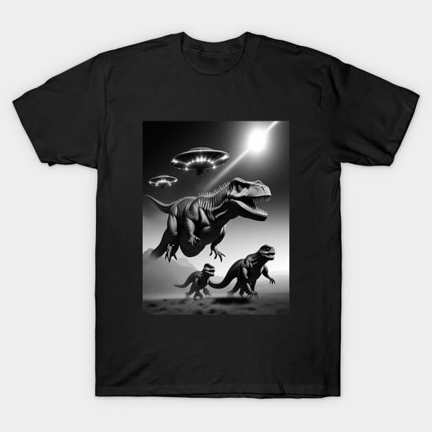 UFOs Hunt T-Rex Dino Extinct Real Reasons T-Shirt by NoPlanB